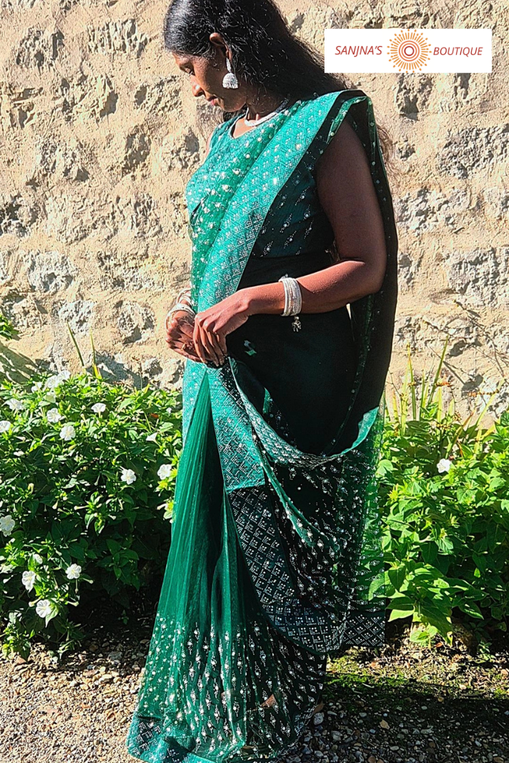 Bottle Green Ready-to-Wear Designer Net Saree with Pearl and Stone Work