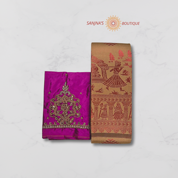 Golden Soft Silk Saree with Purple Aari Work Blouse
