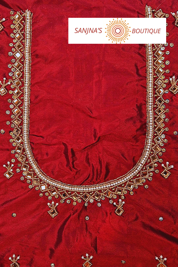 Aari Work Handmade Silk Cotton Blouse Piece – Bead, Pearl & Mirror Work