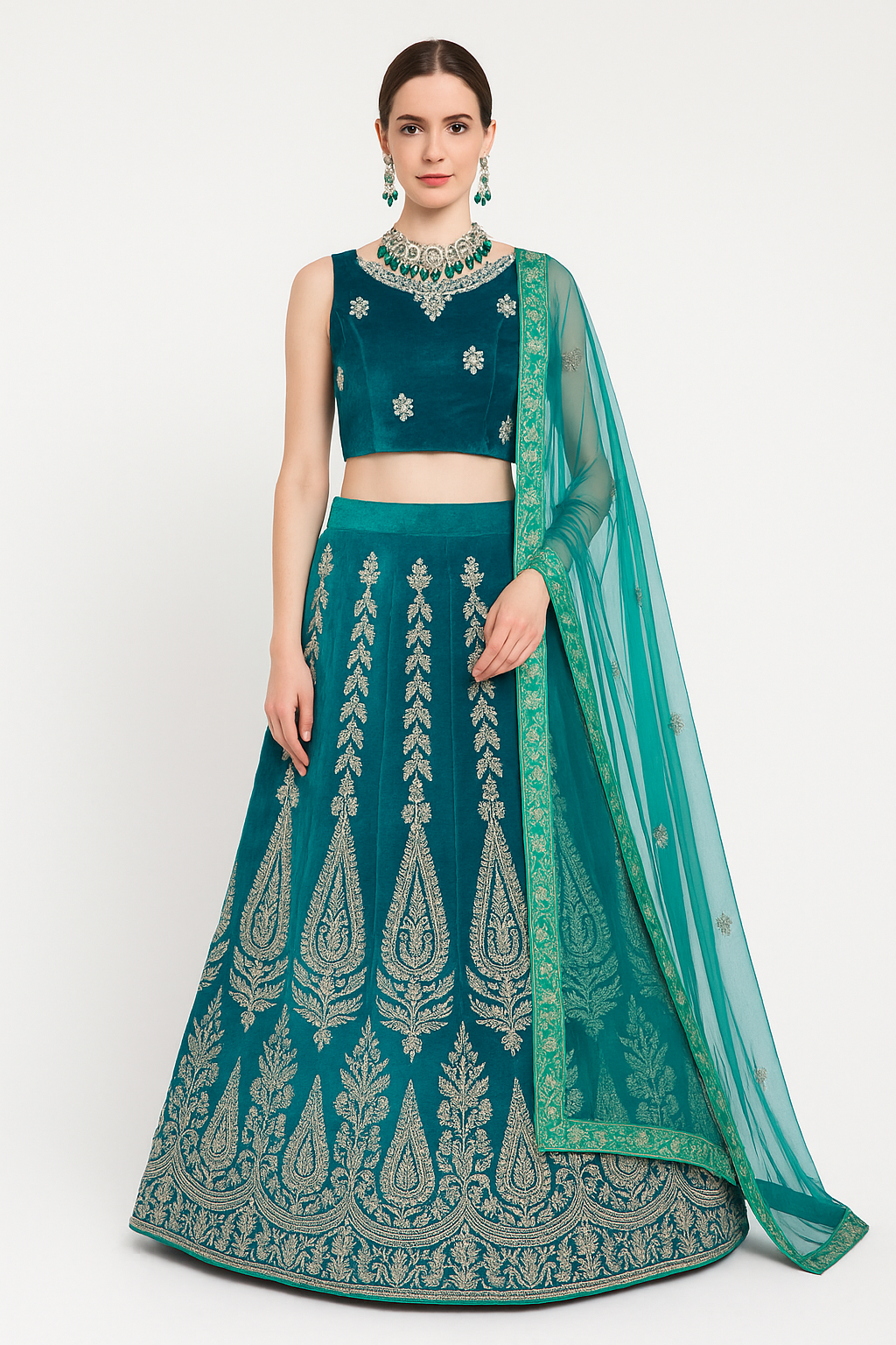 Kundan Jewelry Set + Satin Bottle Green Lehenga