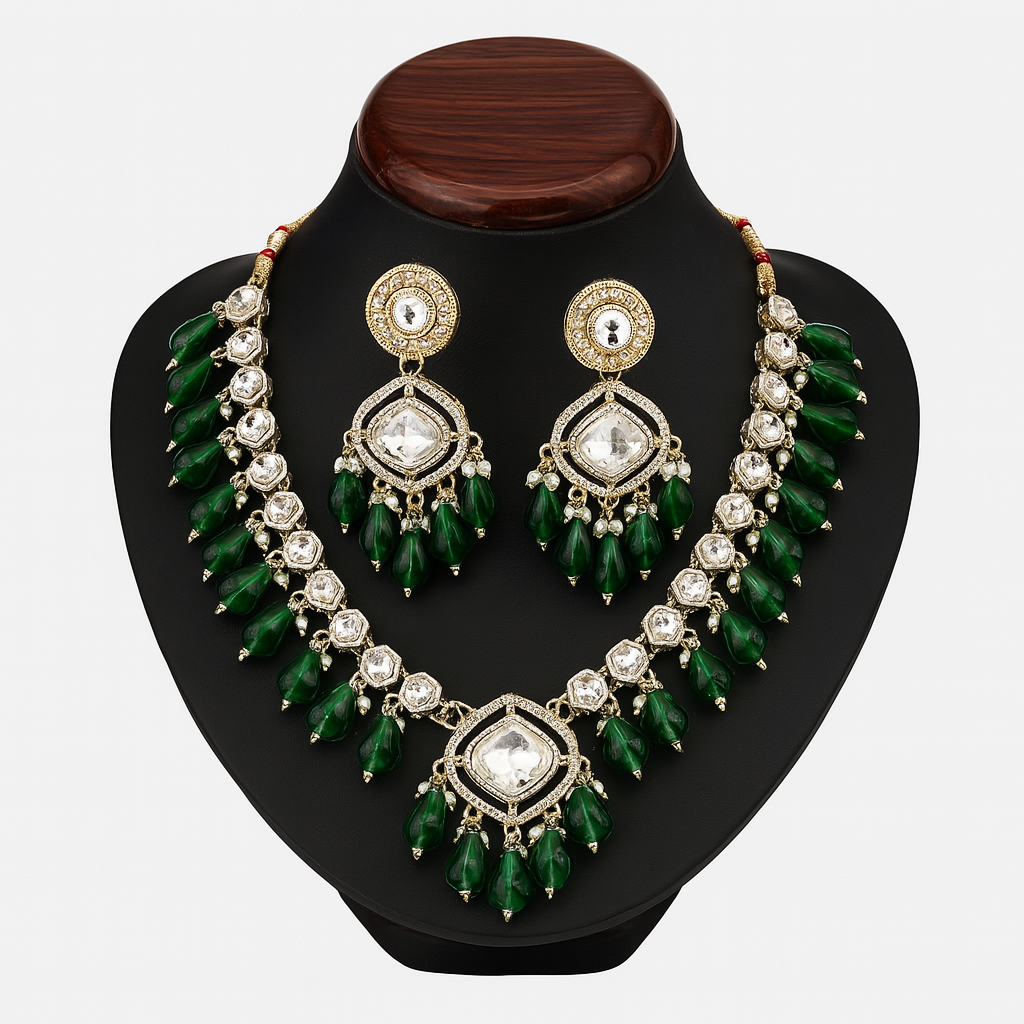 Kundan Jewelry Set + Satin Bottle Green Lehenga