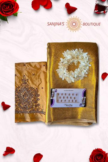 Tissue Silk Golden Saree Combo with Aari Work Blouse
