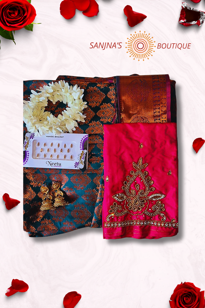 Premium Pre-Pleated Saree with Aari Work Blouse Combo