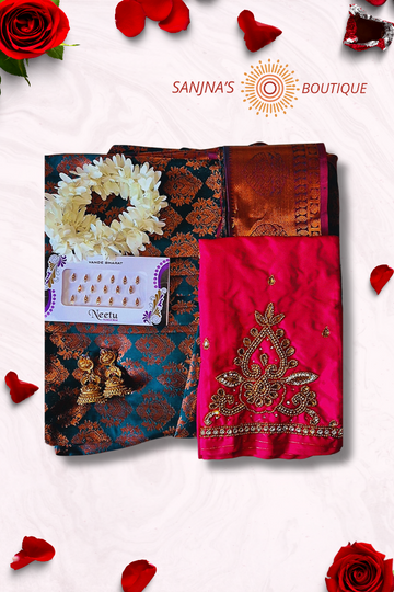 Premium Pre-Pleated Saree with Aari Work Blouse Combo