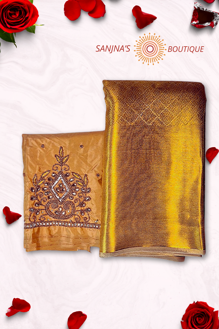 Tissue Silk Golden Saree Combo with Aari Work Blouse