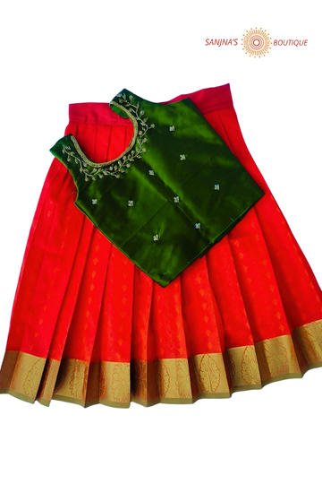 Chili red with olive green colour small flower design Pavadai Sattai