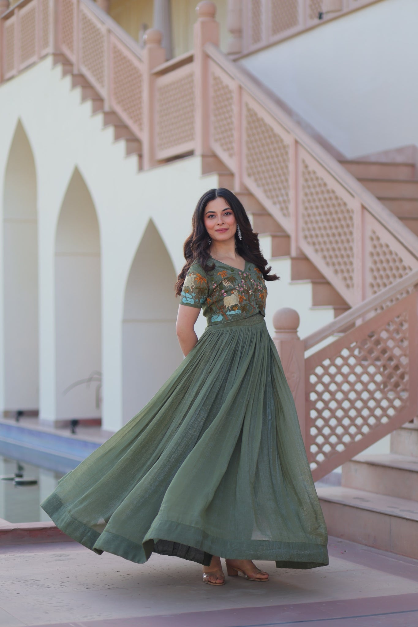 Premium Designer Mehendi Green Readymade Coat Model Long Gown