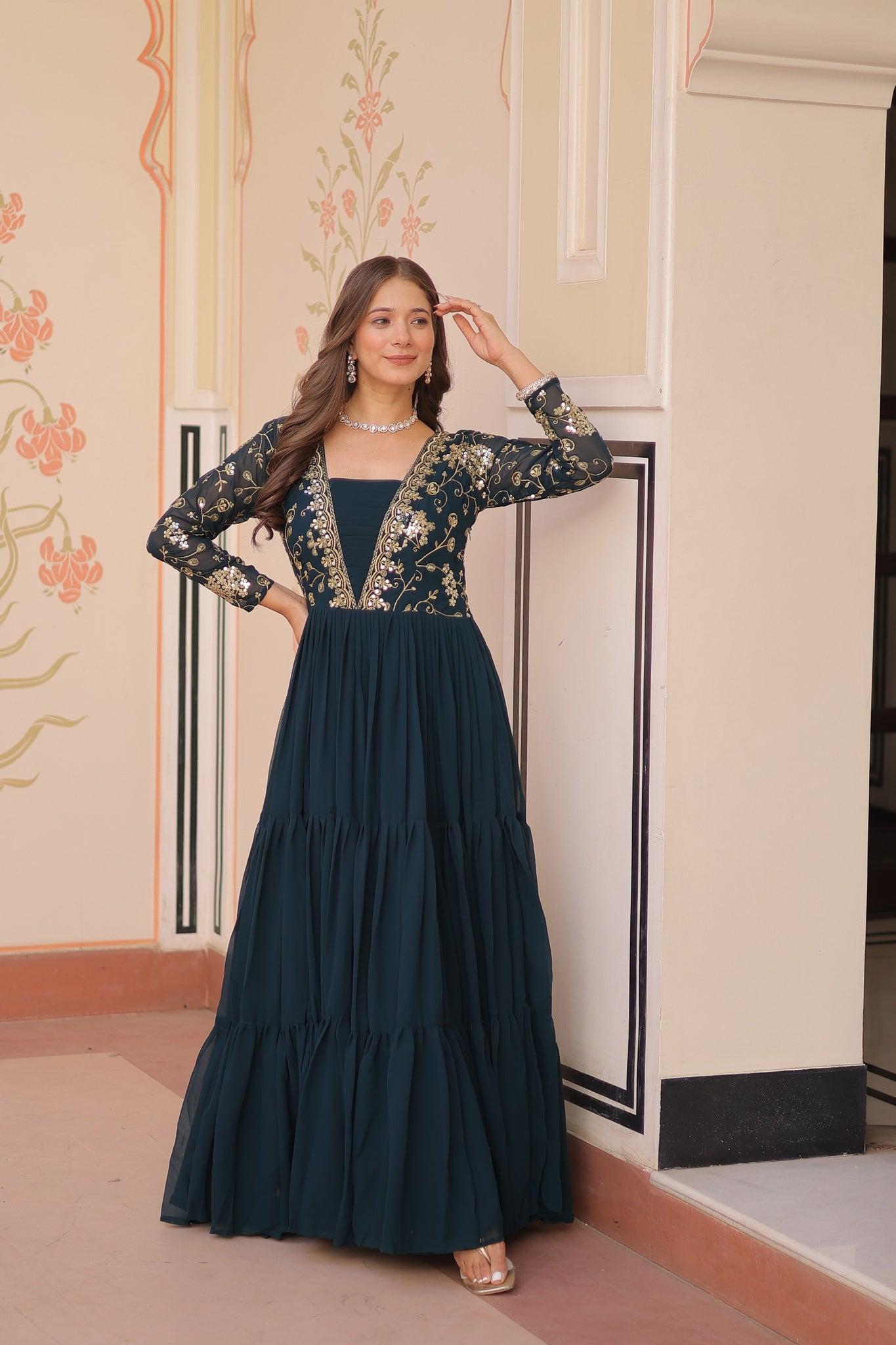 Premium Peacock Green Readymade Gown