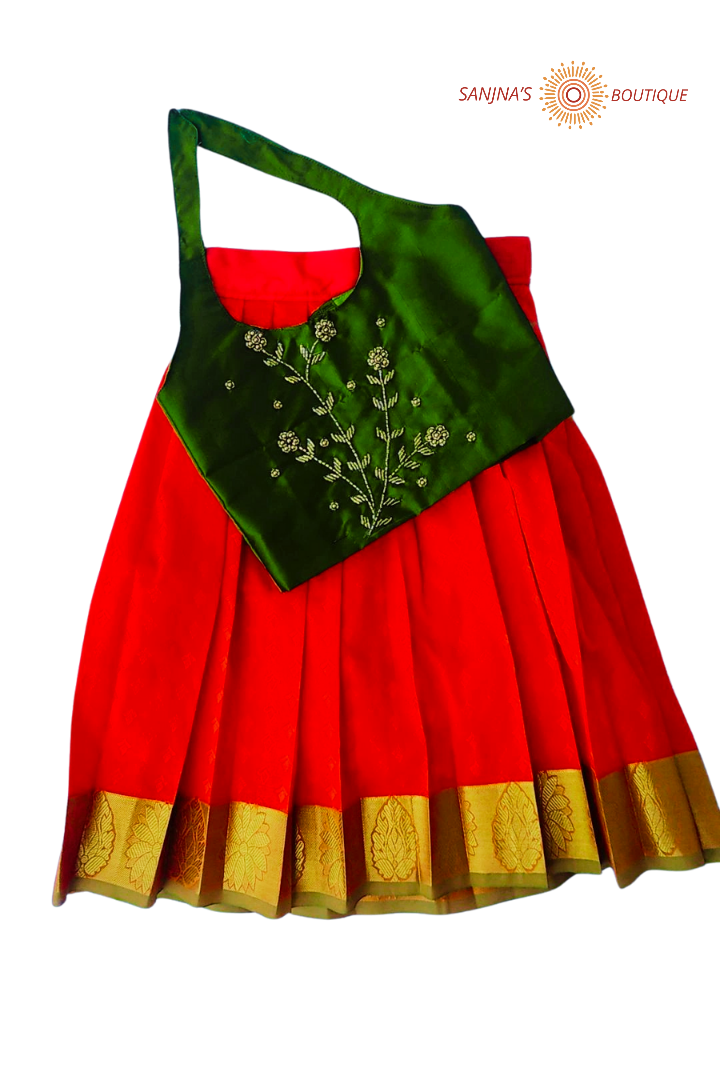 Chili Red with Olive Green flower design Pavadai Sattai