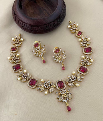 Gold AD Red & white Stones Jewelry set