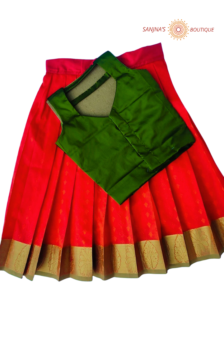 Chili red with olive green colour small flower design Pavadai Sattai