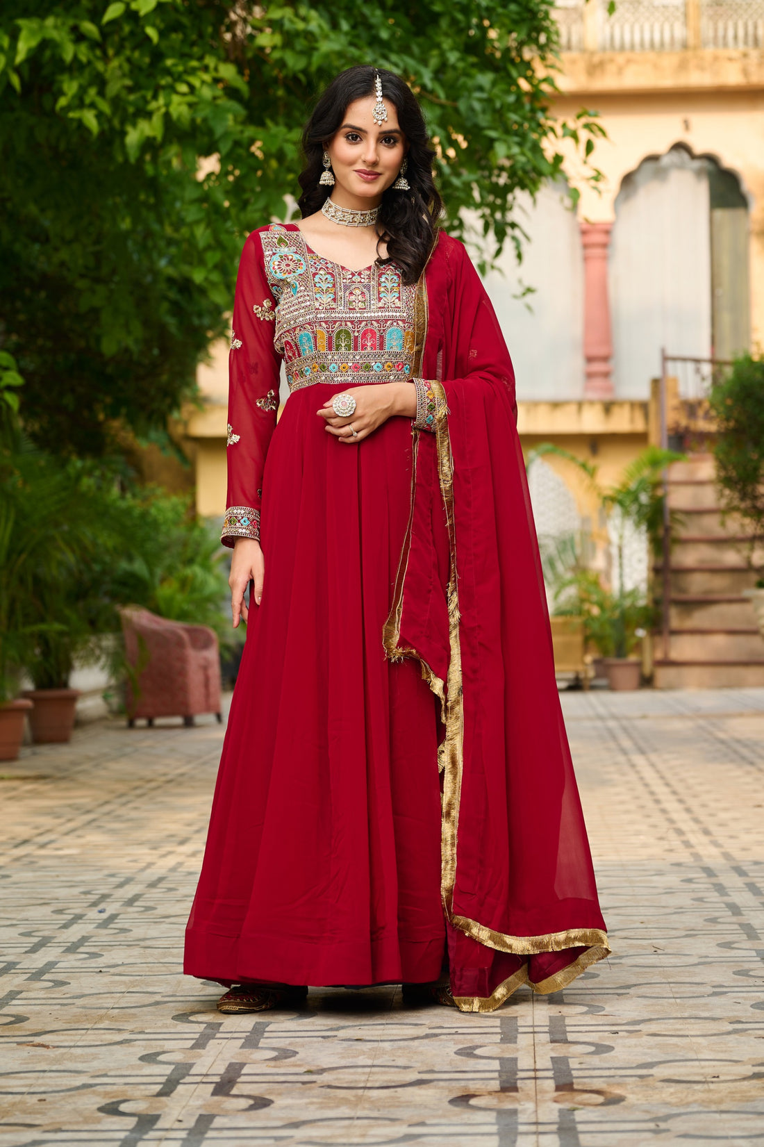 Maroon Embroidered Long Gown with Dupatta