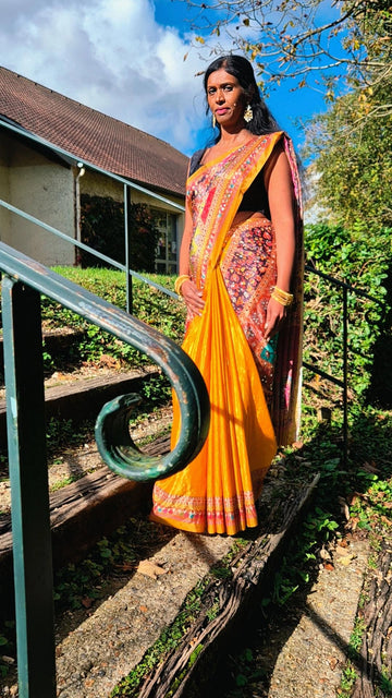 Yellow Cinnon Silk Saree with Mirror Embroidery