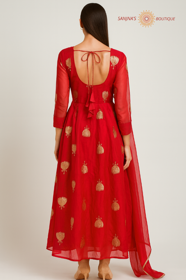 Red Long Gown with Gold Lotus Motifs