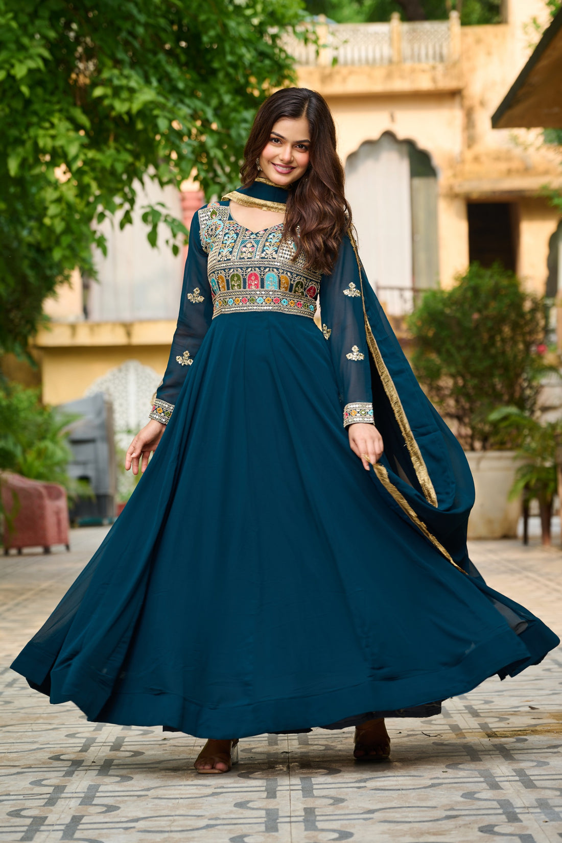 Peacock Green  Embroidered Long Gown with Dupatta