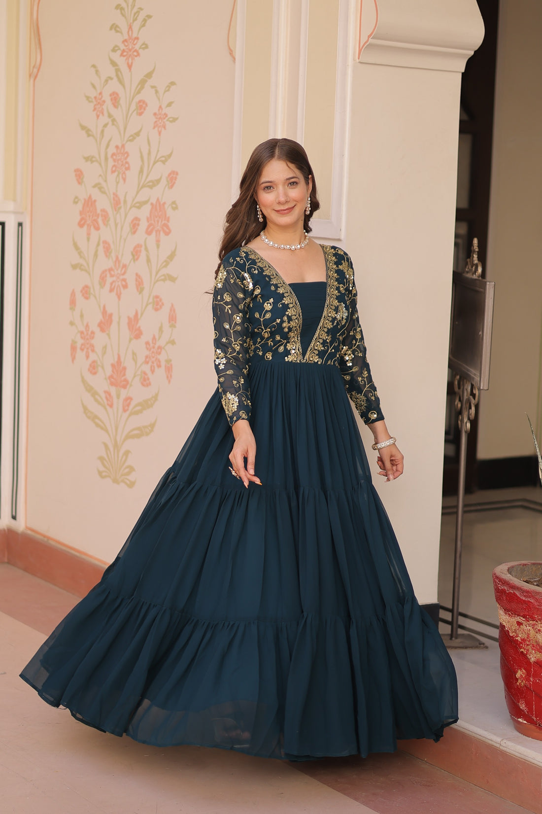 Premium Peacock Green Readymade Gown