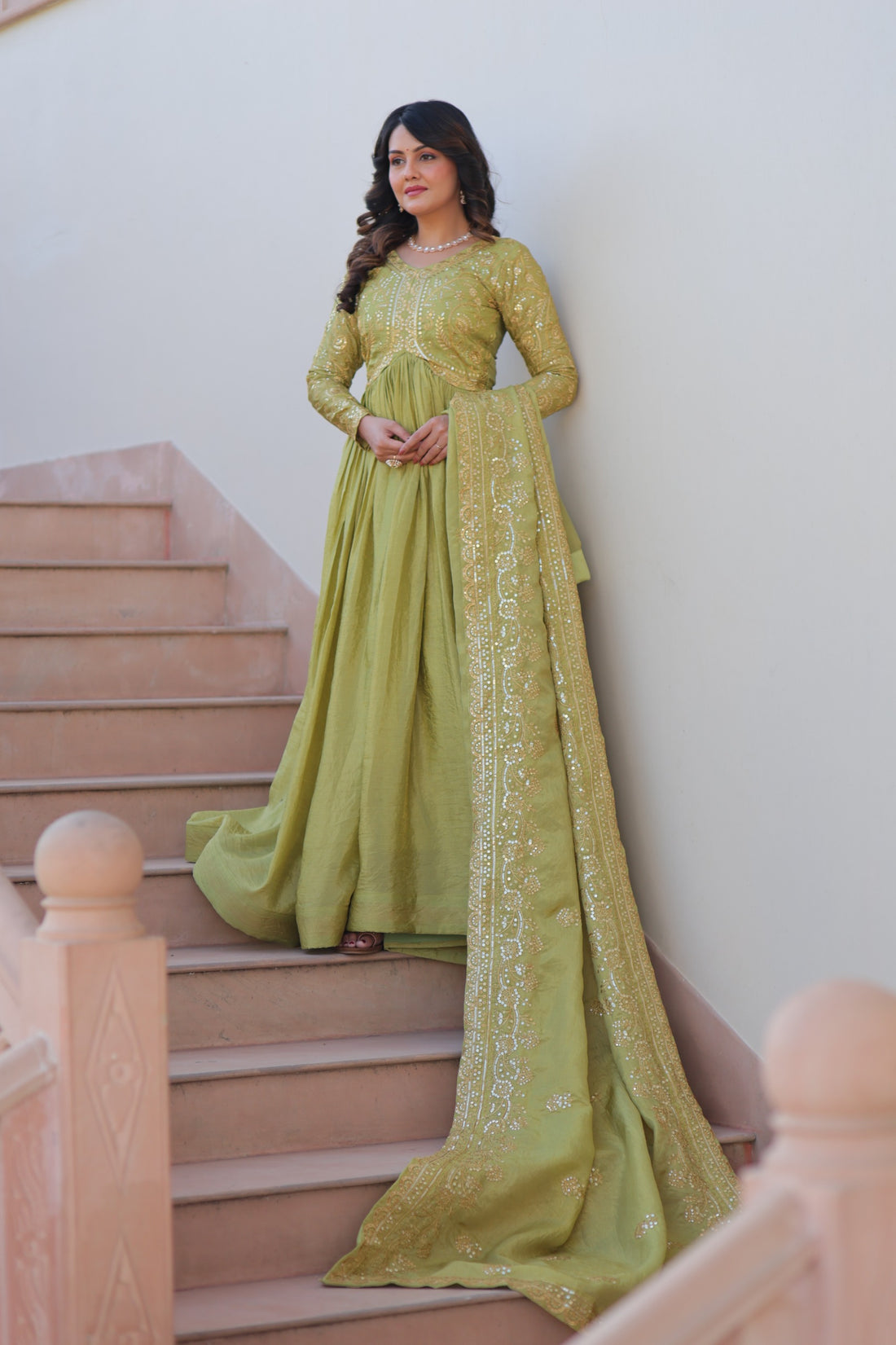 Elegant Light Mehendi Green Long Gown