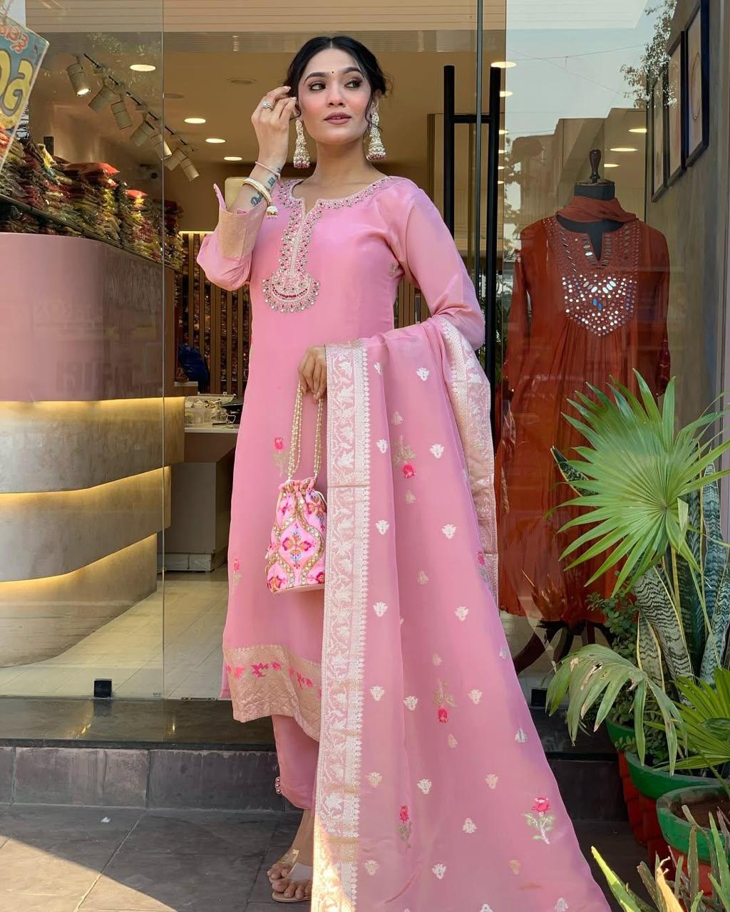 Premium Rose Shimmer Jacquard Chudithar
