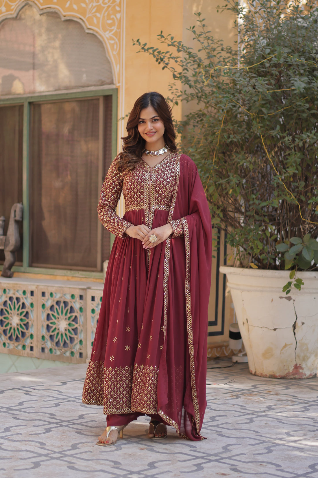 Wine colour Long Gown with Palazzo  Dupatta