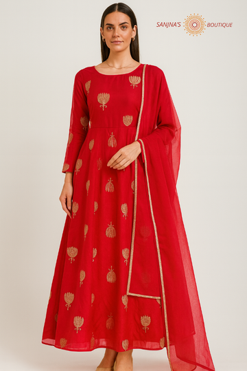 Red Long Gown with Gold Lotus Motifs