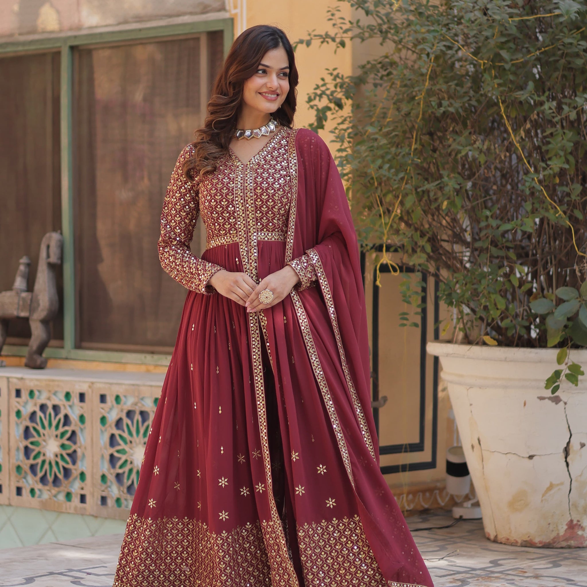Wine colour Long Gown with Palazzo  Dupatta