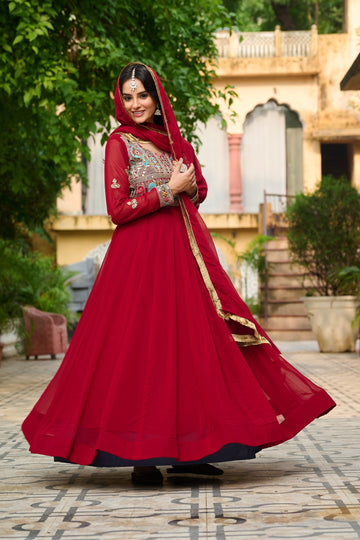 Maroon Embroidered Long Gown with Dupatta
