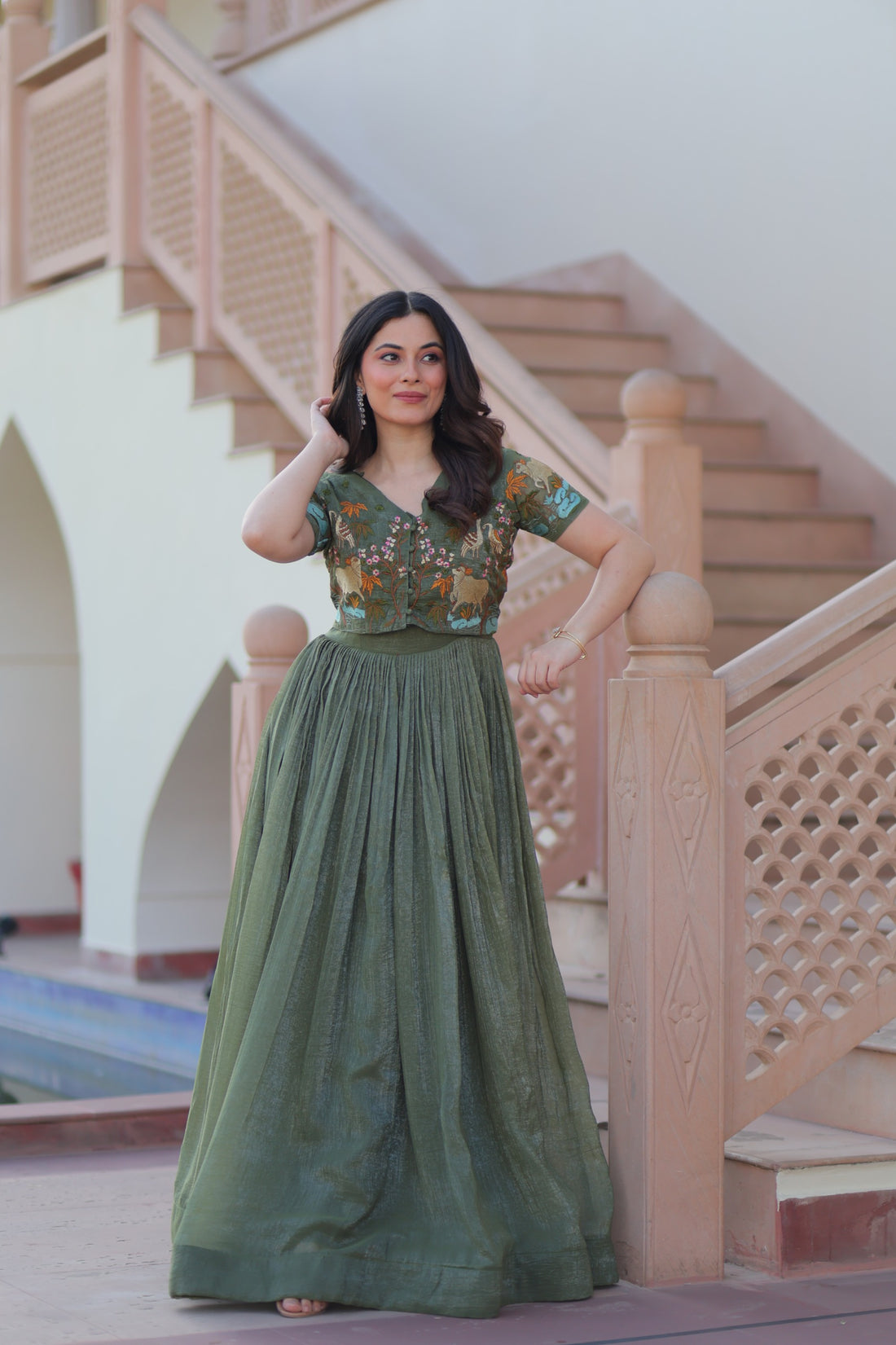 Premium Designer Mehendi Green Readymade Coat Model Long Gown