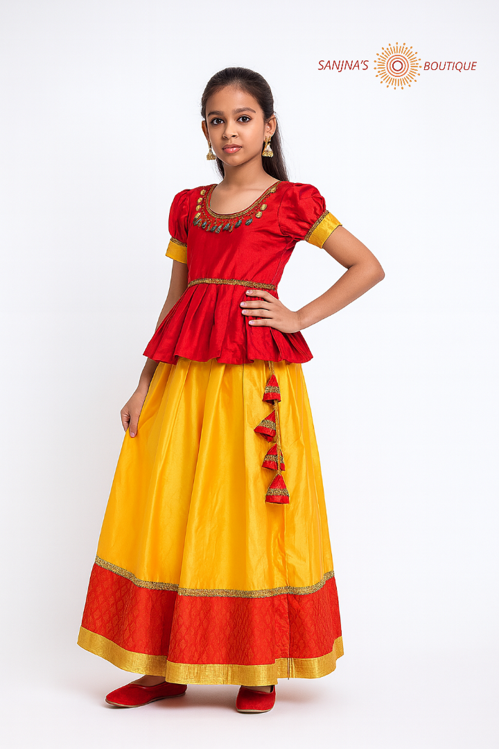 Yellow-Red Silk Pavadai Sattai for Kids