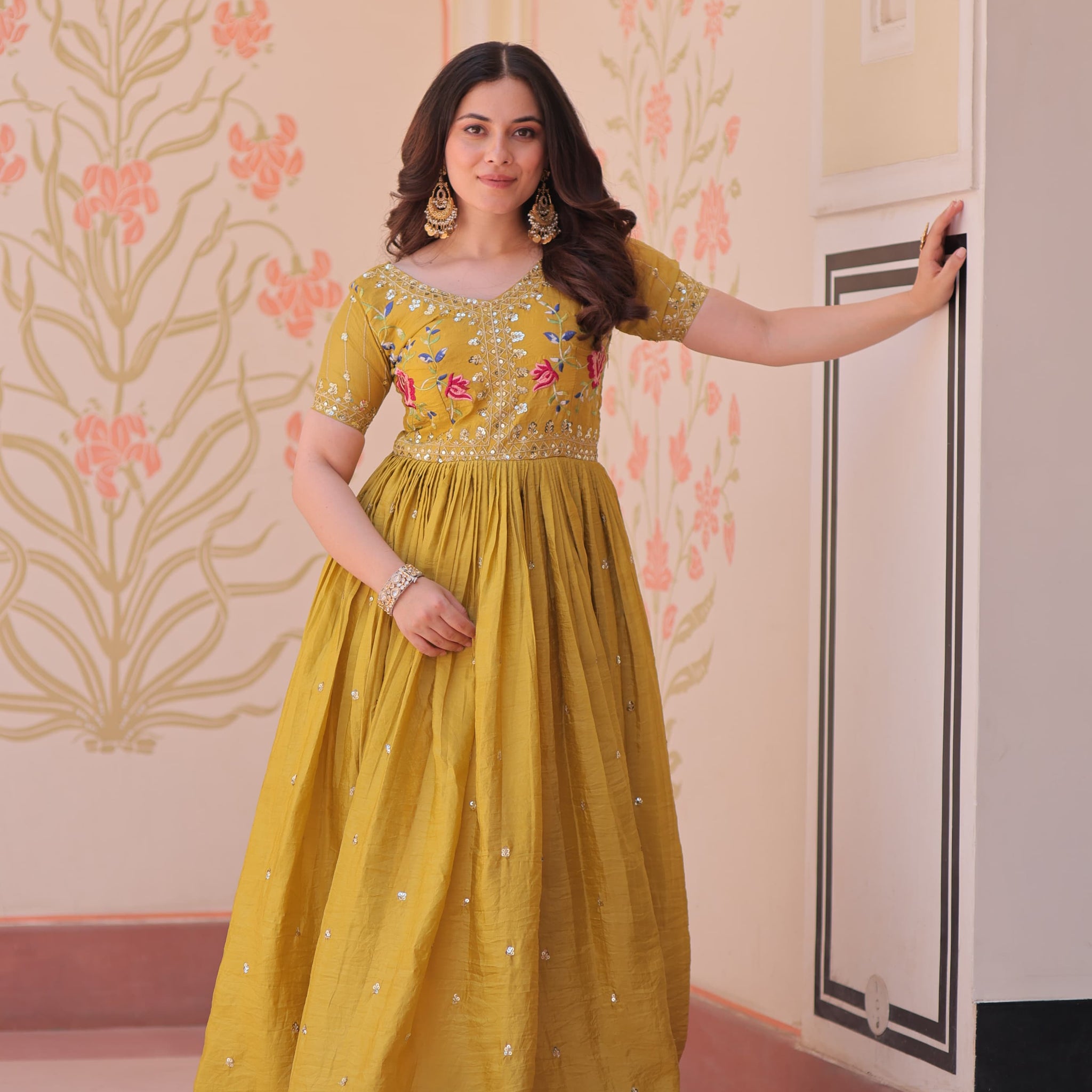Premium Designer Readymade Mehendi Yellow Gown