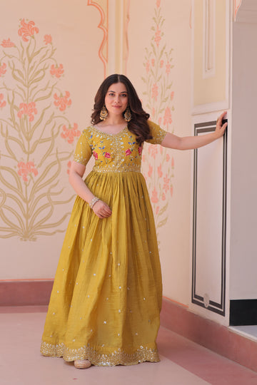 Premium Designer Readymade Mehendi Yellow Gown