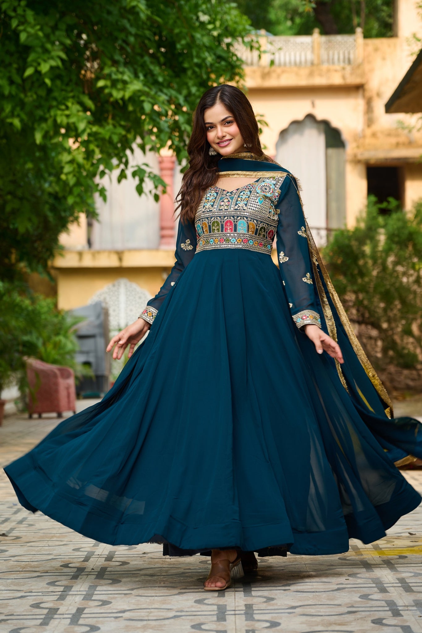 Peacock Green  Embroidered Long Gown with Dupatta
